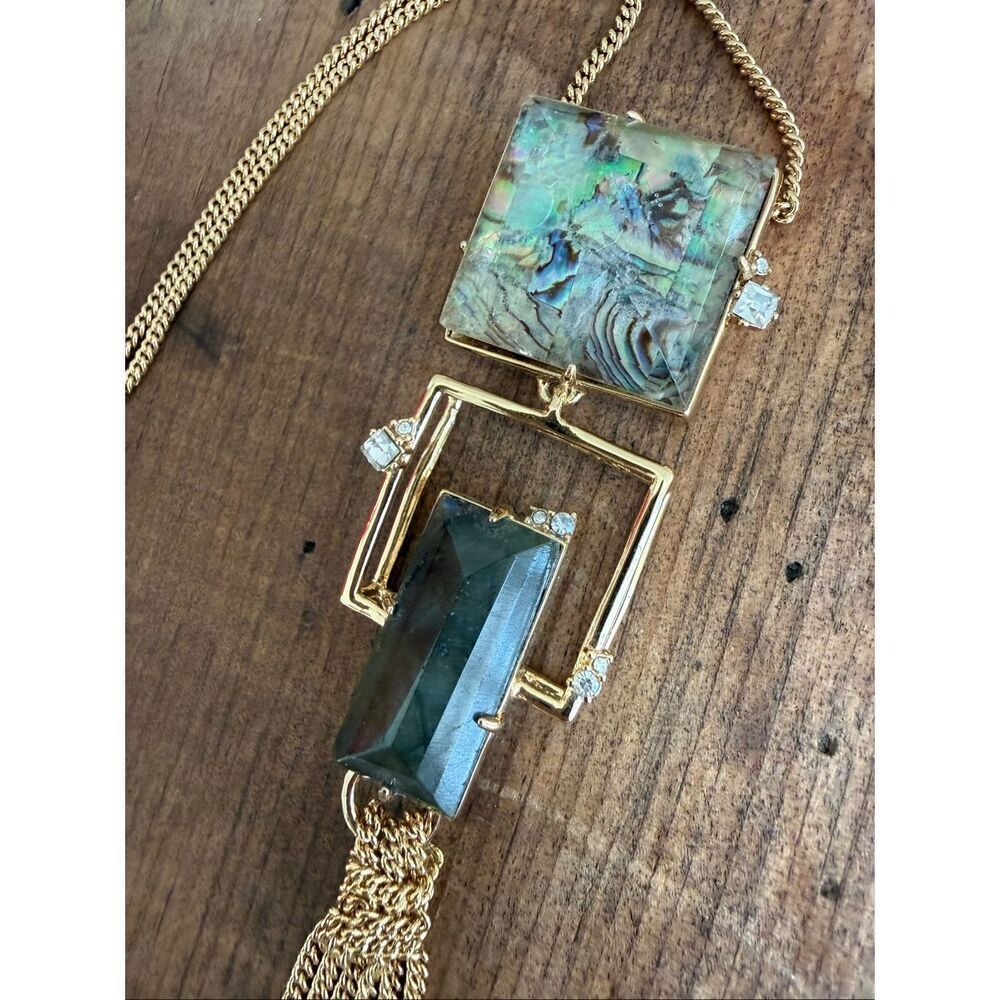 Alexis Bittar 10k Gold Fringe Labradorite Abalone Pendant Statement Necklace - Picture 3 of 8